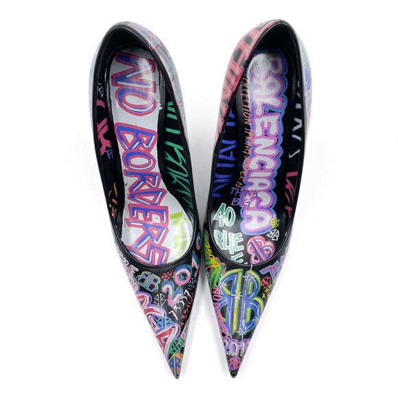 Balenciaga Graffiti Knife Pumps Black Leather Heels Pointed Sz 37.5 / 7.5 US - Picture 5 of 12